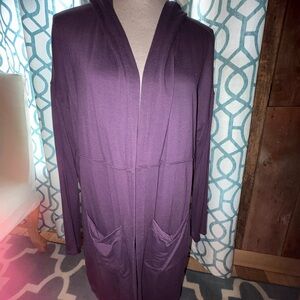 Double Zero Plum Hooded Open French Terry Cardigan with Front Pockets